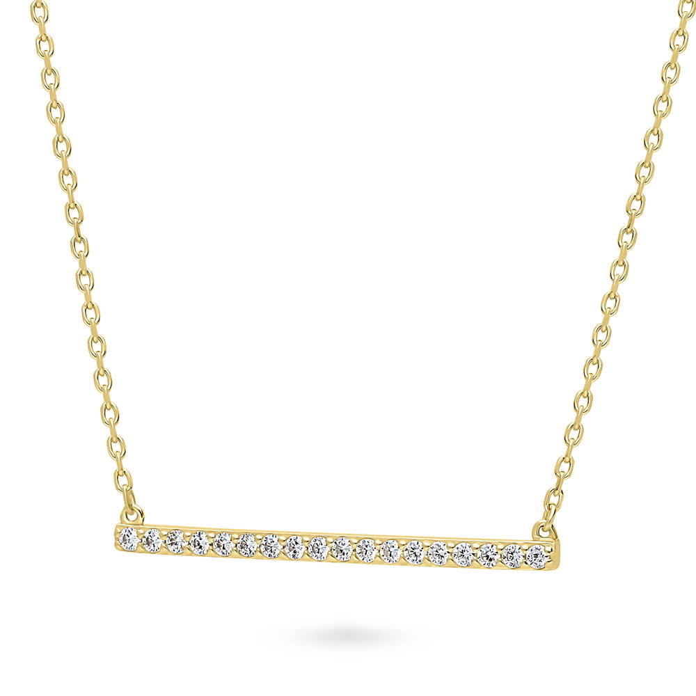Front view of Bar CZ Pendant Necklace in Gold Flashed Sterling Silver, 3 of 8