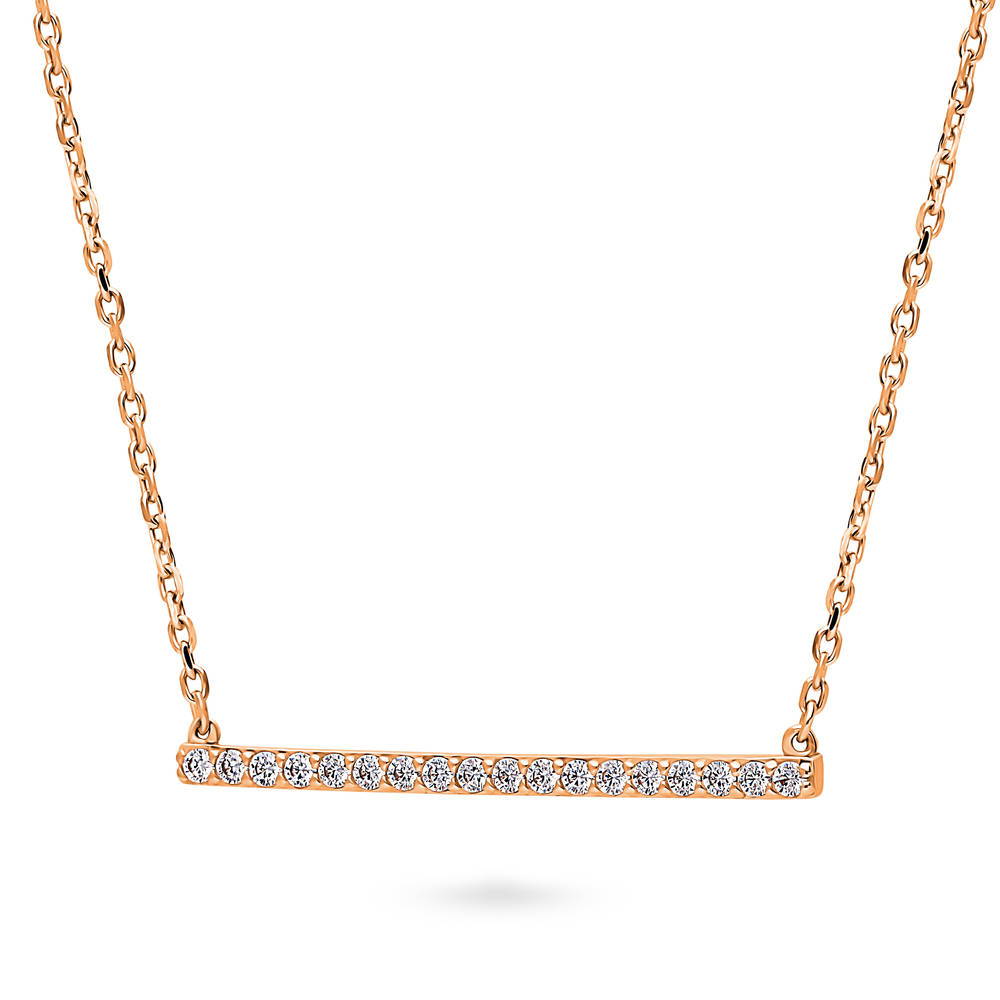 Front view of Bar CZ Pendant Necklace in Rose Gold Flashed Sterling Silver