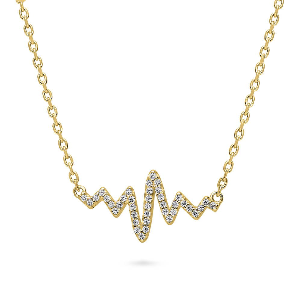 Front view of Heartbeat CZ Pendant Necklace in Gold Flashed Sterling Silver, 3 of 5