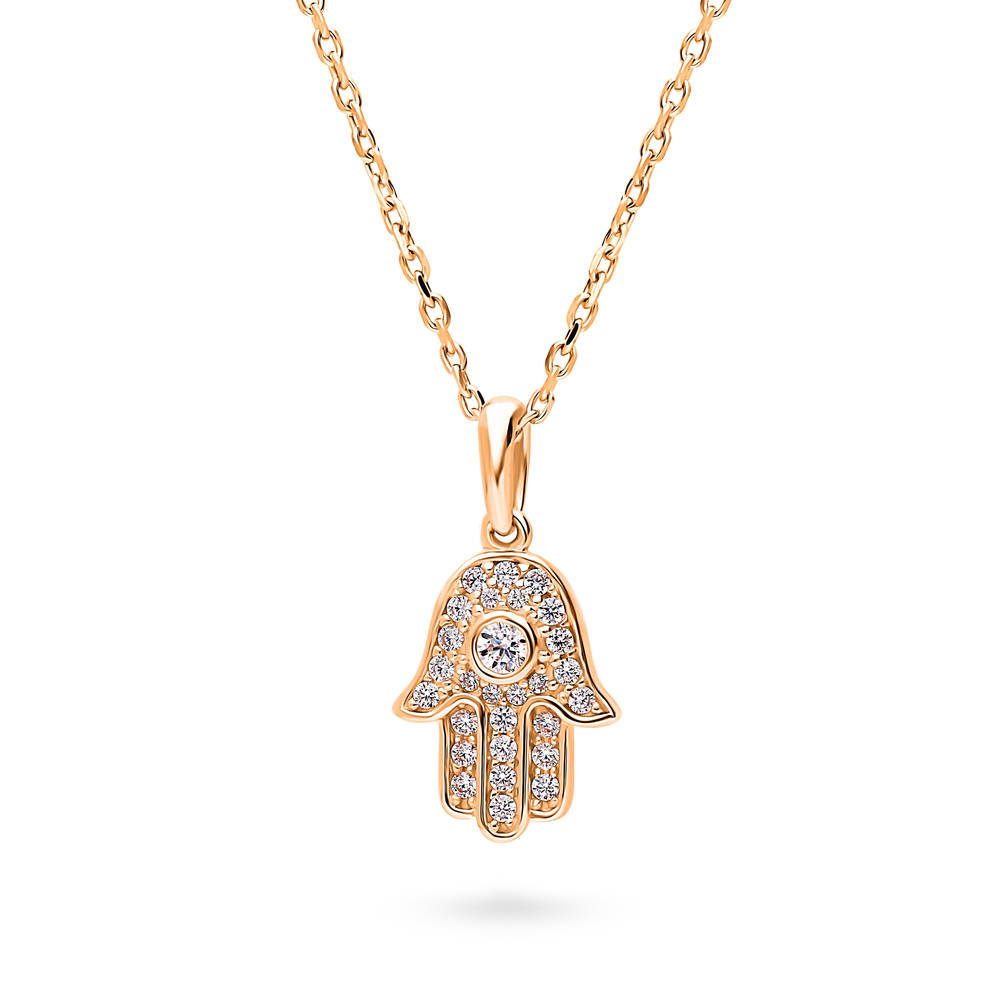 Front view of Hamsa Hand CZ Pendant Necklace in Rose Gold Flashed Sterling Silver
