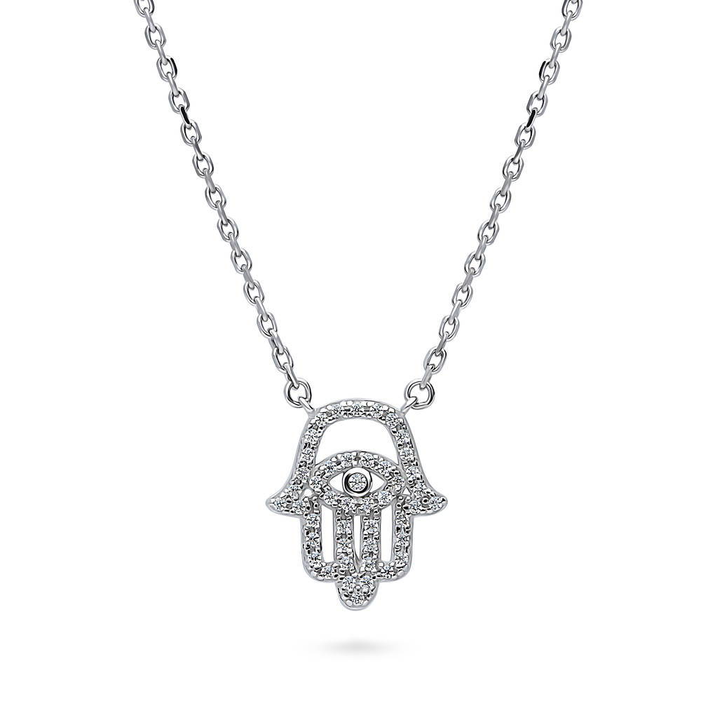 Hamsa Hand Evil Eye CZ Pendant Necklace in Sterling Silver