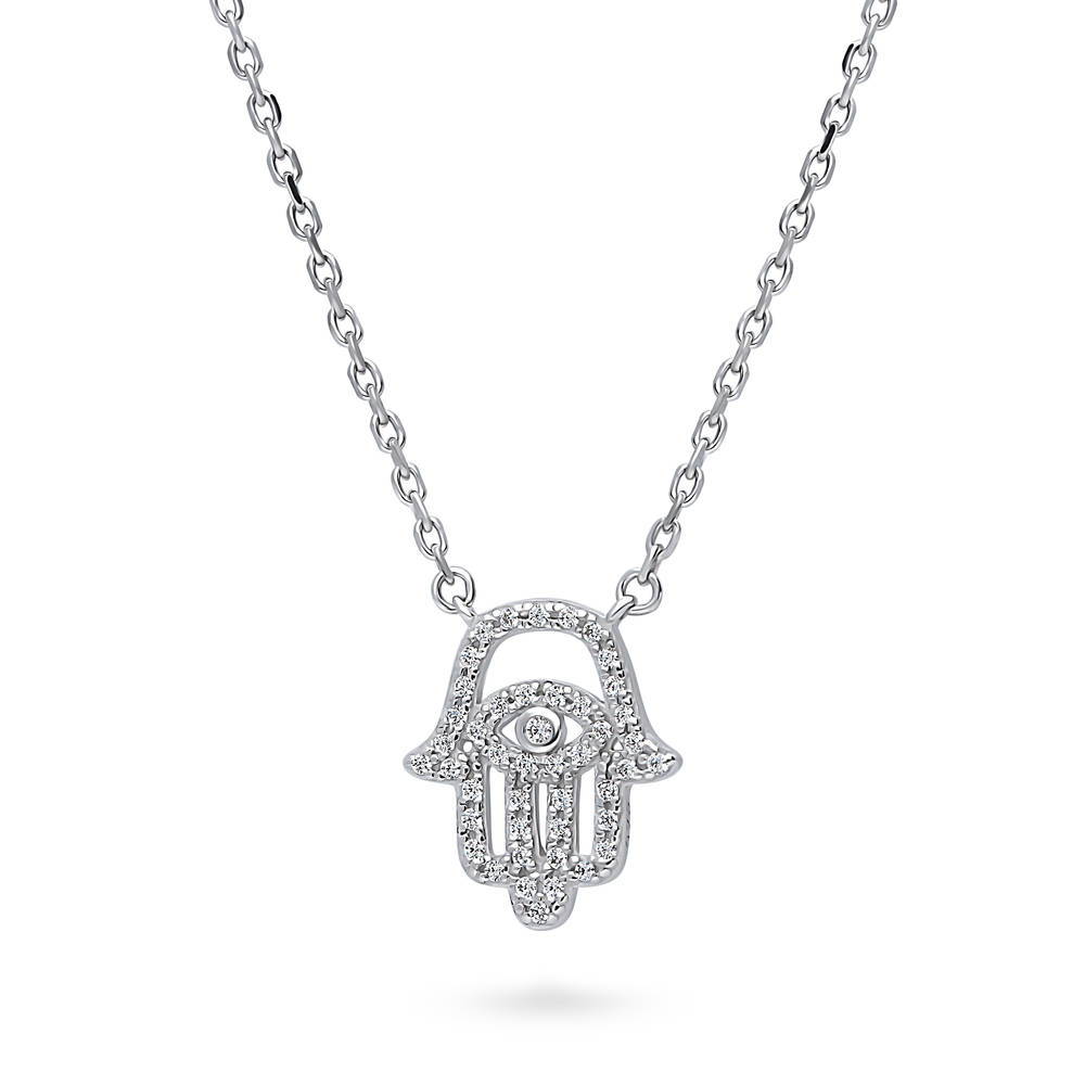 Front view of Hamsa Hand Evil Eye CZ Pendant Necklace in Sterling Silver