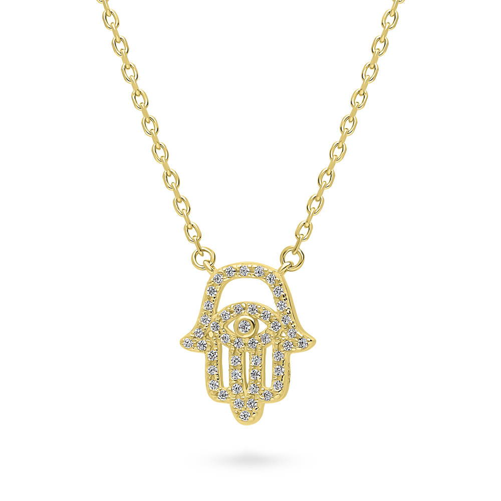 Front view of Hamsa Hand Evil Eye CZ Pendant Necklace in Gold Flashed Sterling Silver