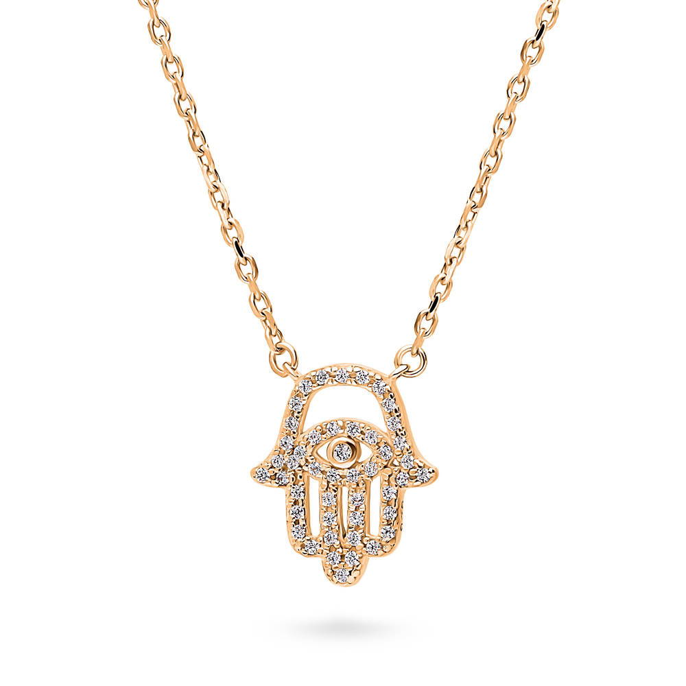 Front view of Hamsa Hand Evil Eye CZ Necklace in Rose Gold Flashed Sterling Silver