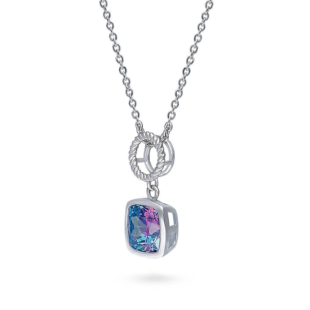 Woven Open Circle Purple Aqua CZ Pendant Necklace in Sterling Silver