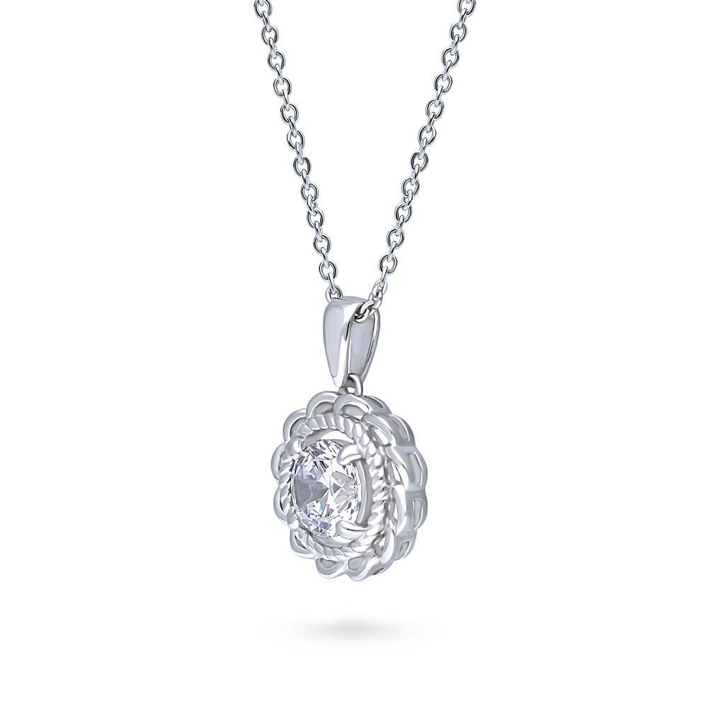 Front view of Solitaire Woven 1.25ct Round CZ Pendant Necklace in Sterling Silver