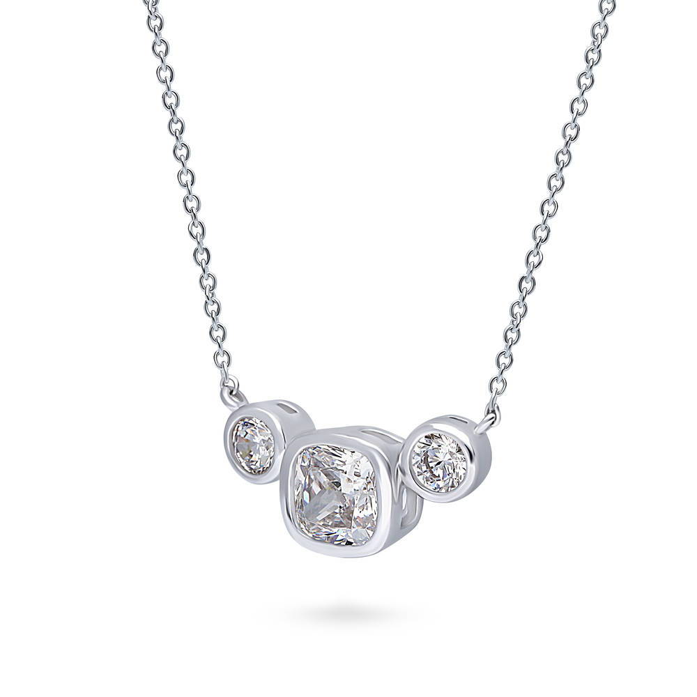 Front view of 3-Stone Cushion CZ Pendant Necklace in Sterling Silver, 4 of 7