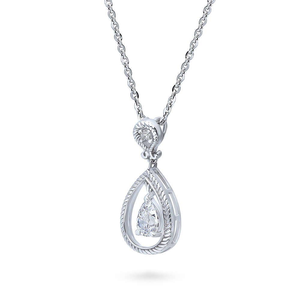 Cable Teardrop CZ Pendant Necklace in Sterling Silver