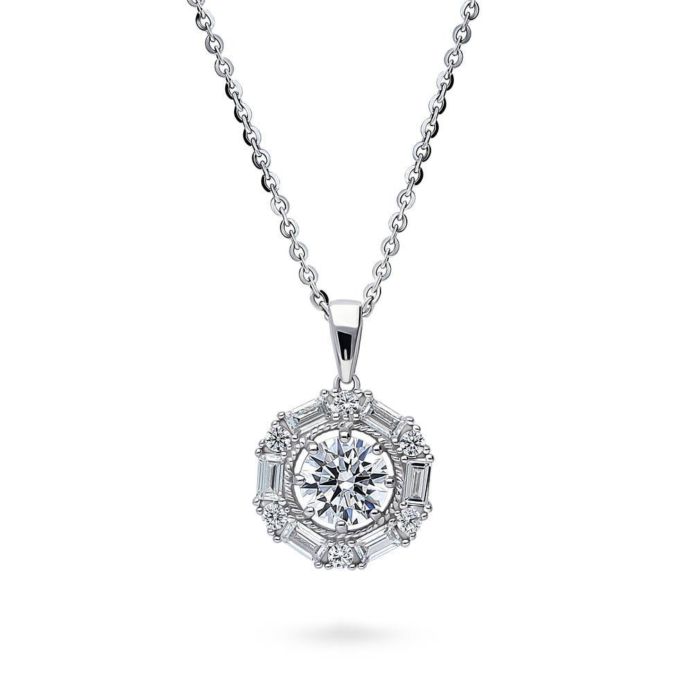 Halo Cable Round CZ Pendant Necklace in Sterling Silver, 1 of 7