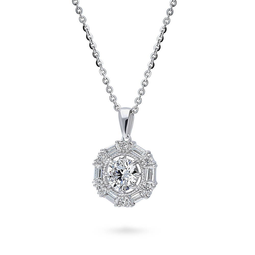 Front view of Halo Cable Round CZ Pendant Necklace in Sterling Silver, 4 of 7