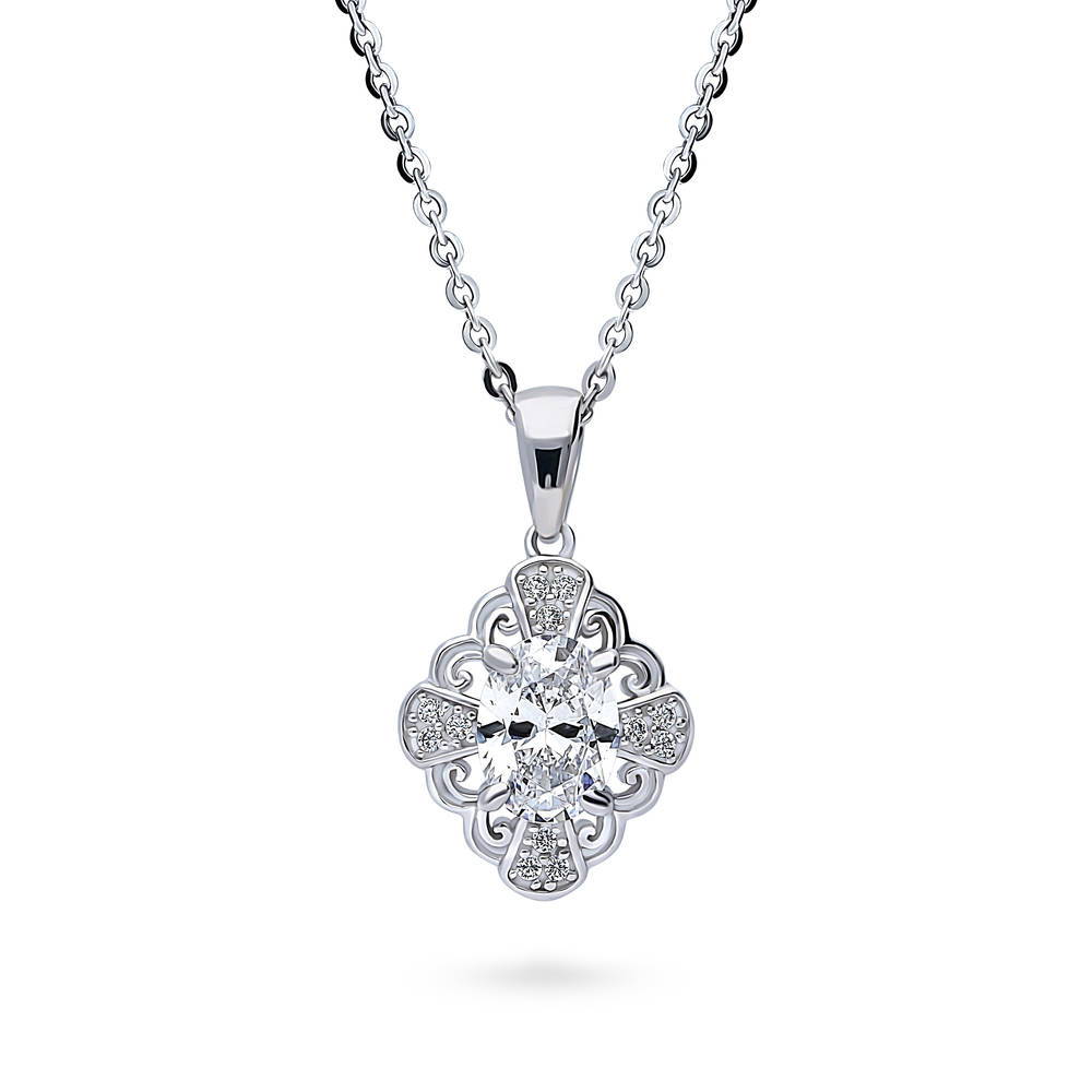 Halo Flower Oval CZ Pendant Necklace in Sterling Silver, 1 of 7