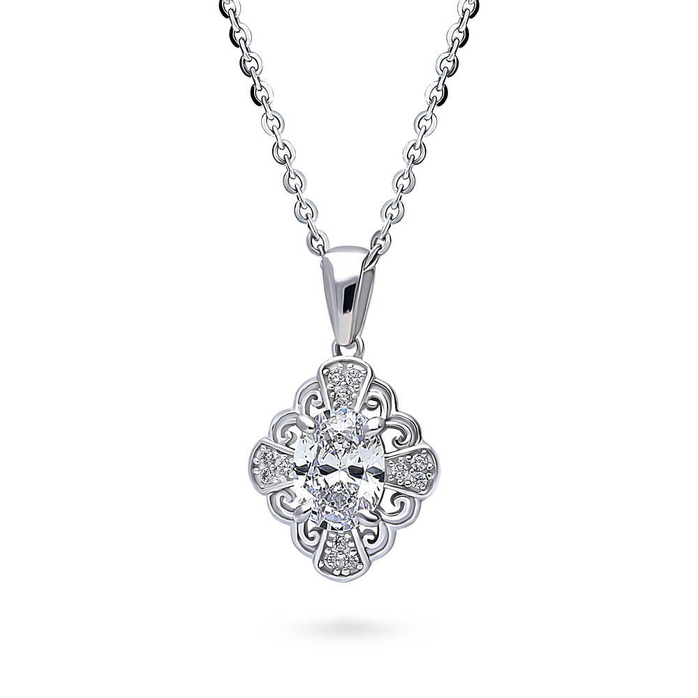 Front view of Halo Flower Oval CZ Pendant Necklace in Sterling Silver, 4 of 7