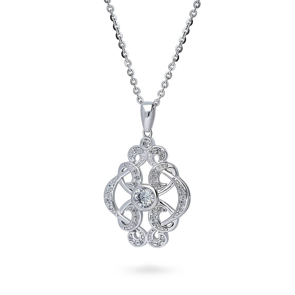 Flower Art Deco CZ Pendant Necklace in Sterling Silver