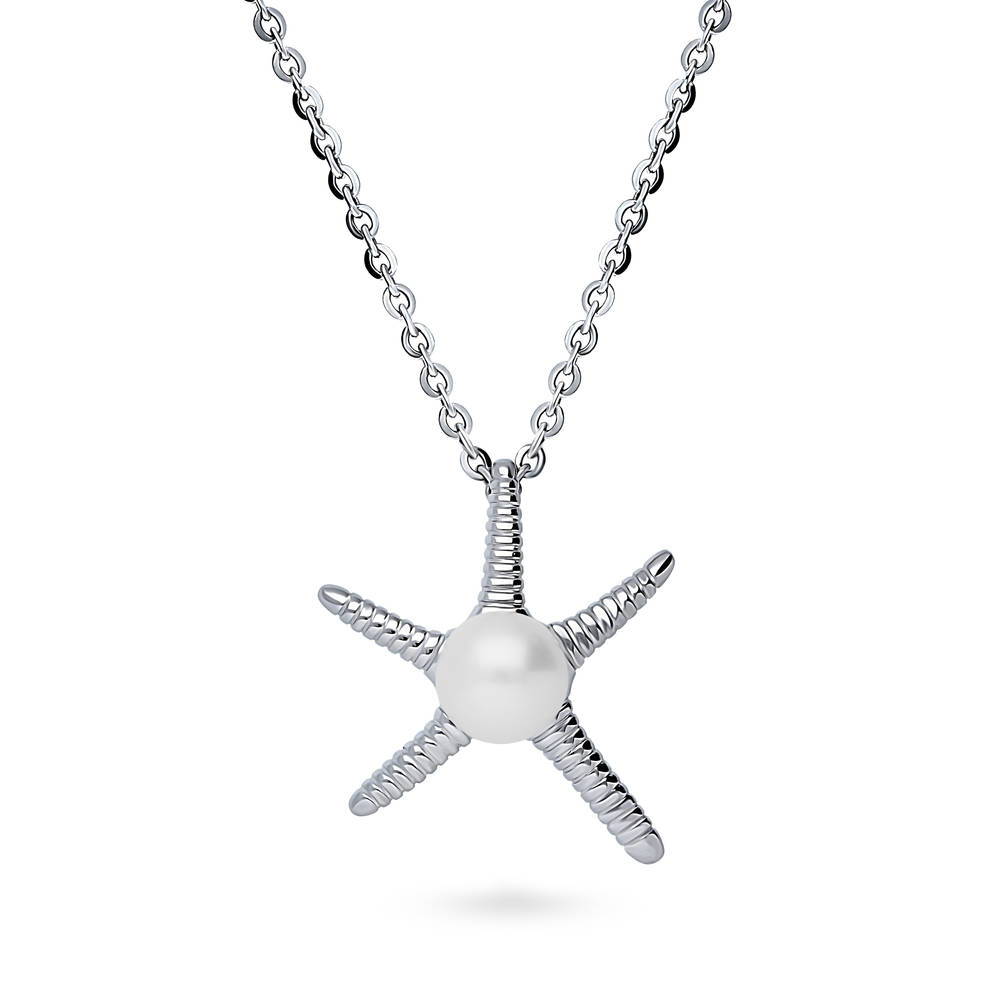 Starfish White Button Cultured Pearl Necklace in Sterling Silver