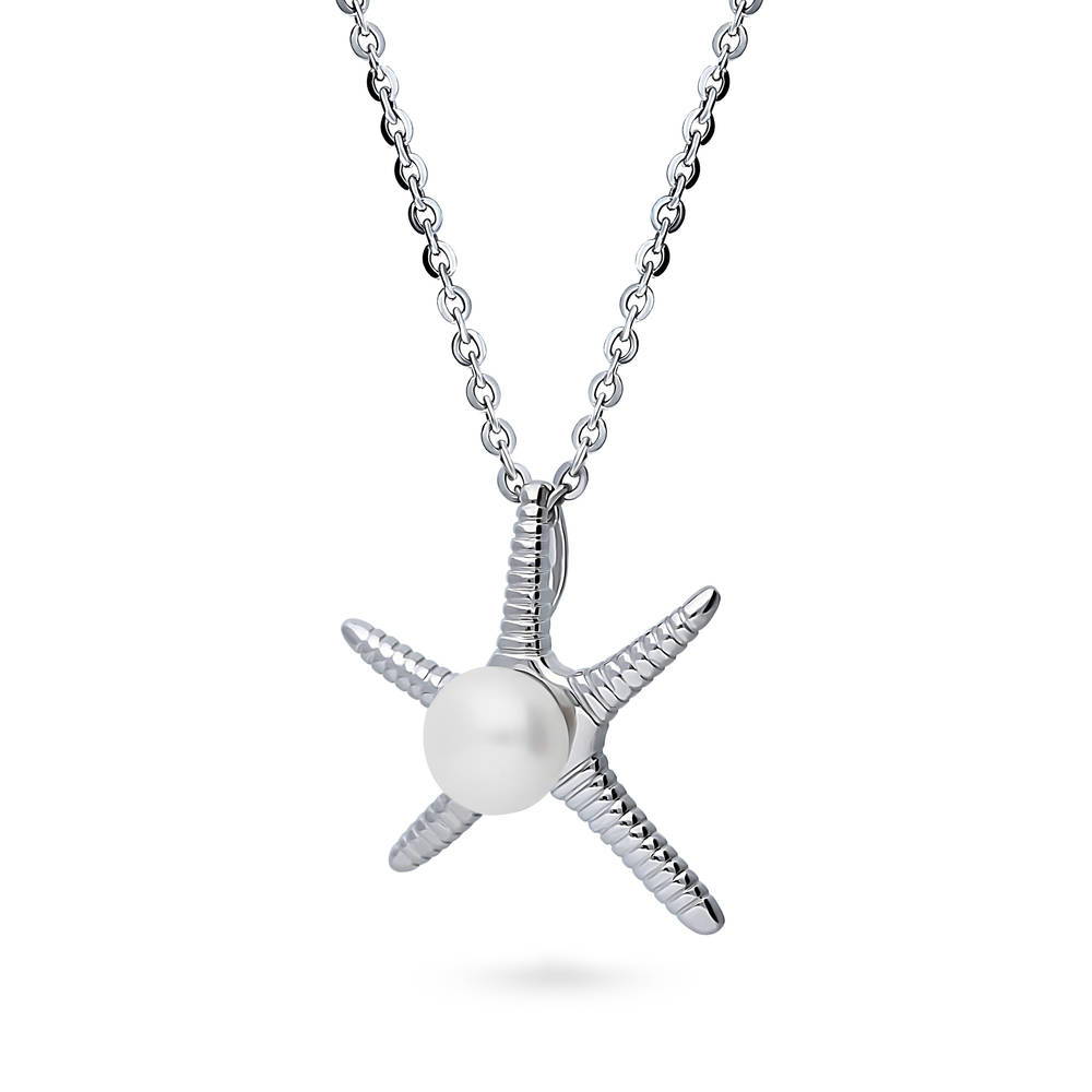 Front view of Starfish White Button Cultured Pearl Necklace in Sterling Silver