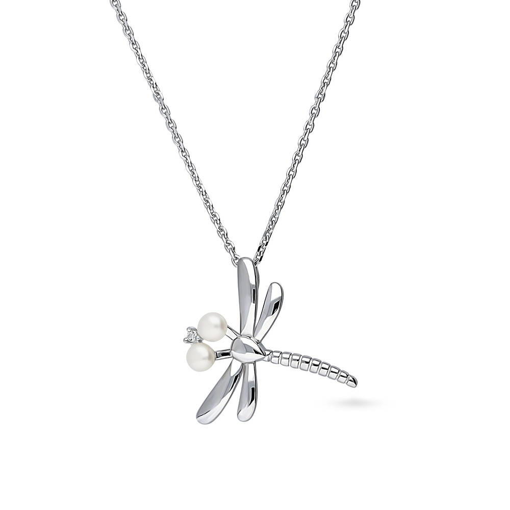 Front view of Dragonfly White Button Cultured Pearl Necklace in Sterling Silver