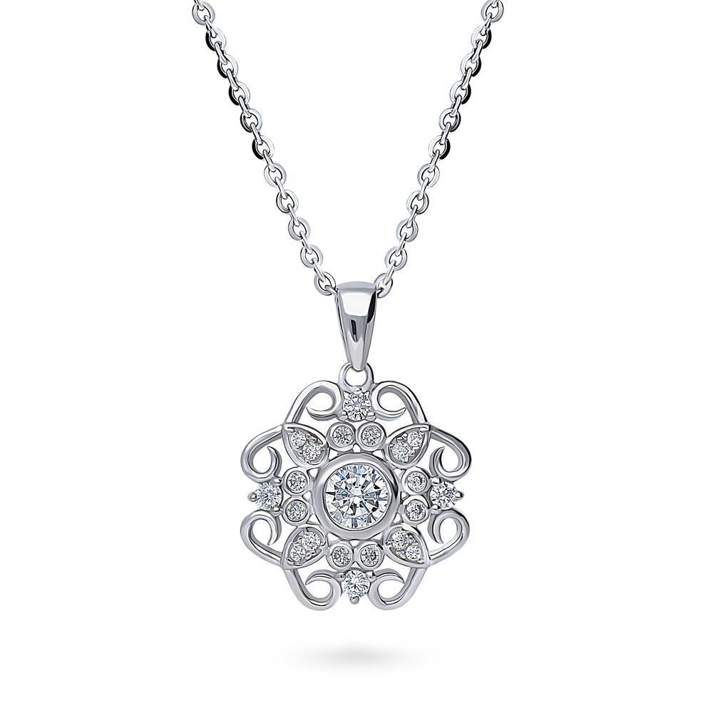 Flower Halo CZ Pendant Necklace in Sterling Silver