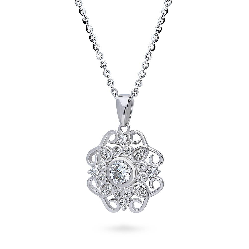 Front view of Flower Halo CZ Pendant Necklace in Sterling Silver