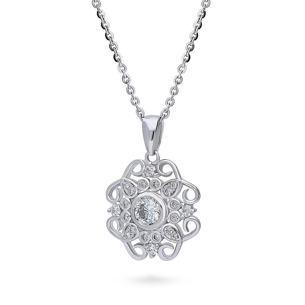 Flower Halo CZ Pendant Necklace in Sterling Silver