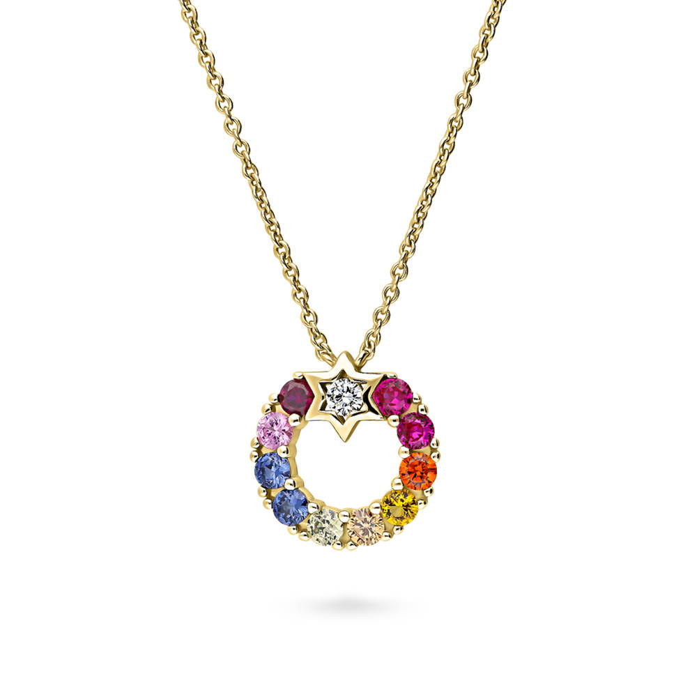 Front view of Wreath Multi Color CZ Pendant Necklace in Gold Flashed Sterling Silver