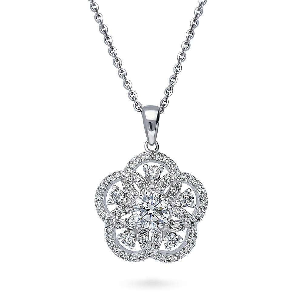 Flower CZ Pendant Necklace in Sterling Silver