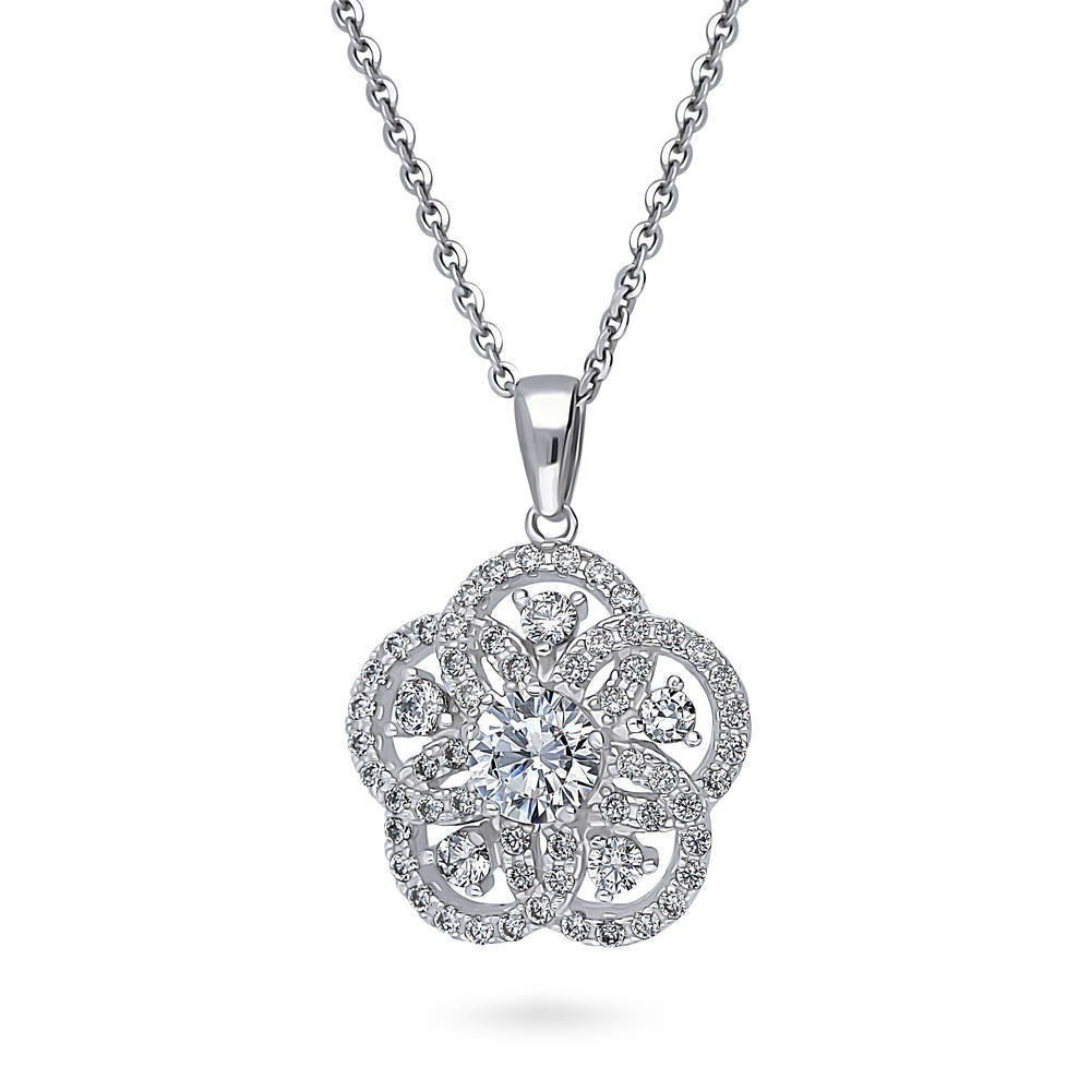 Flower CZ Pendant Necklace in Sterling Silver