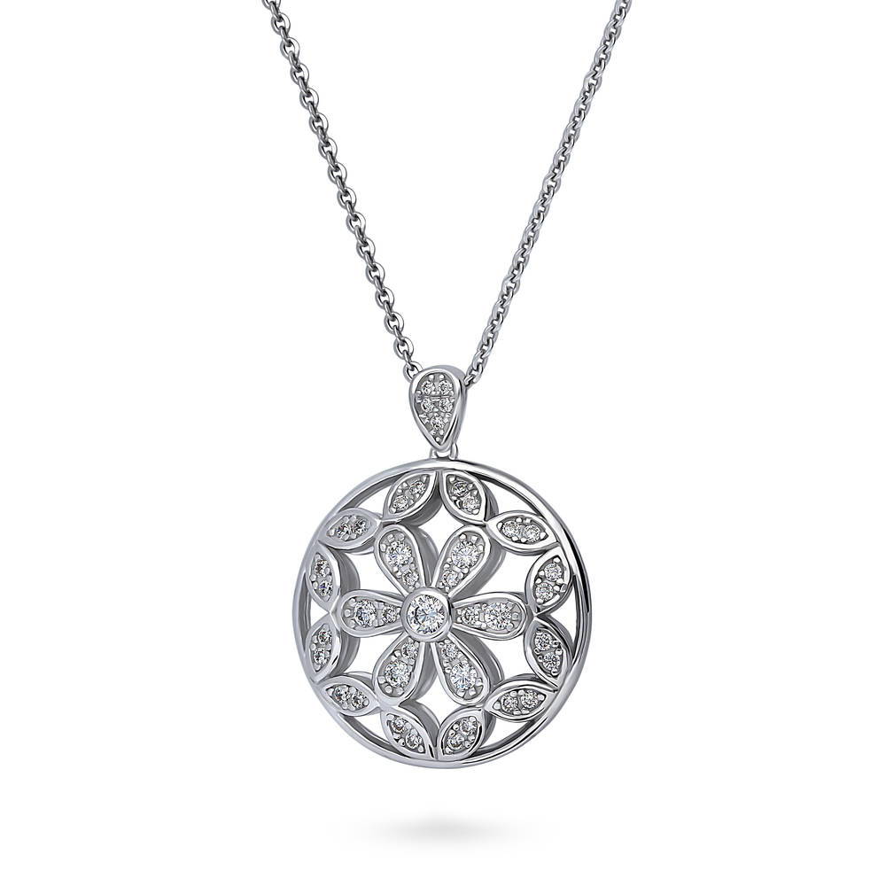 Flower Medallion CZ Pendant Necklace in Sterling Silver