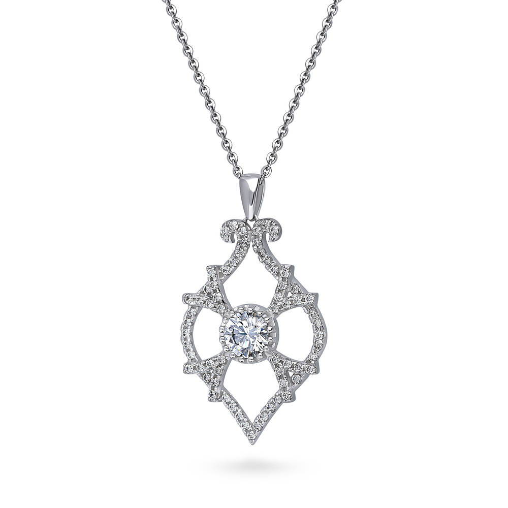 Front view of Woven Art Deco CZ Statement Pendant Necklace in Sterling Silver
