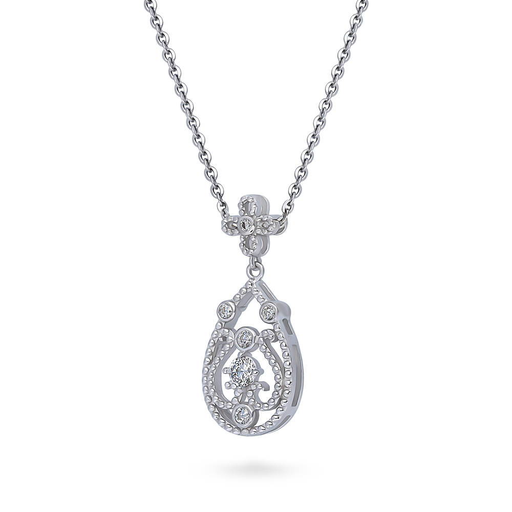 Front view of Art Deco Milgrain CZ Pendant Necklace in Sterling Silver