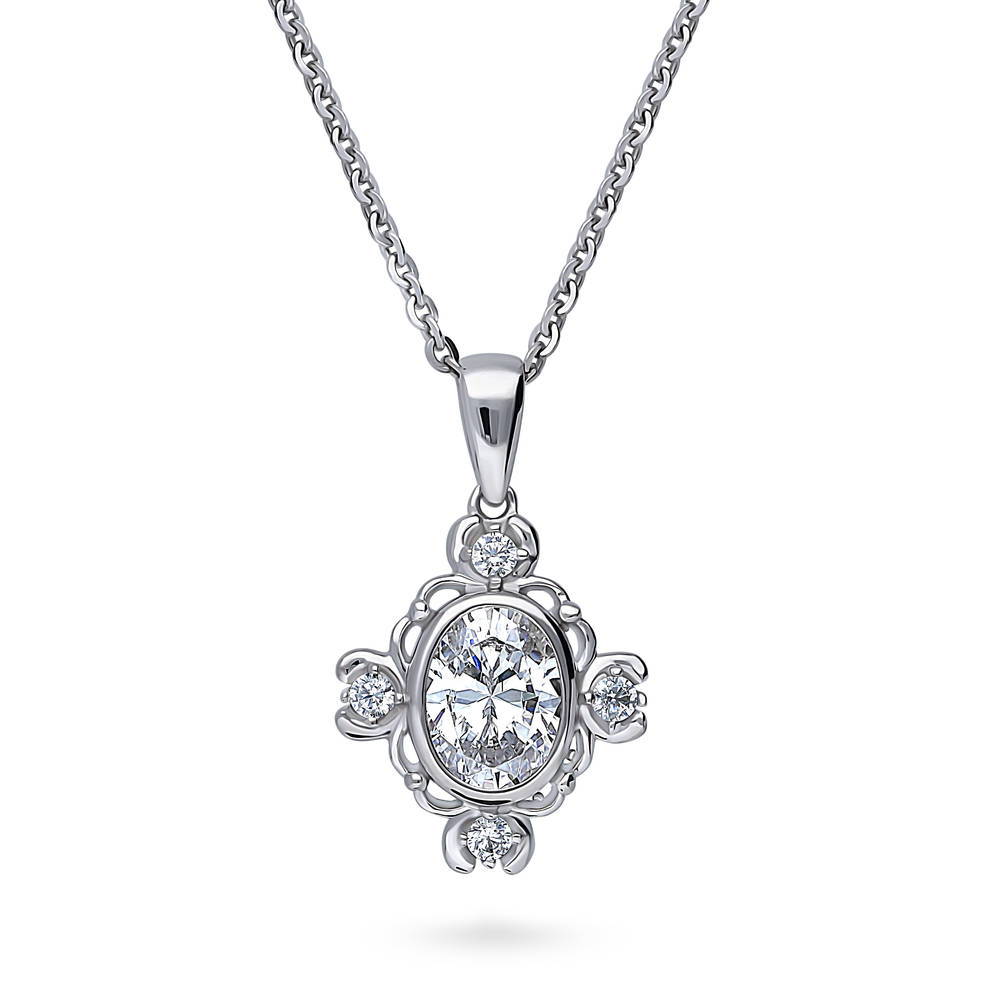 Flower Art Deco CZ Pendant Necklace in Sterling Silver