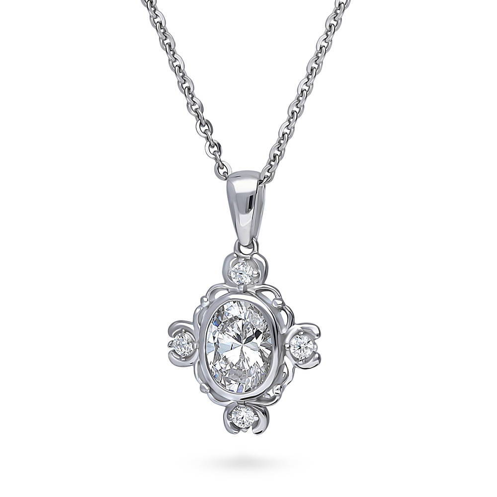 Flower Art Deco CZ Pendant Necklace in Sterling Silver