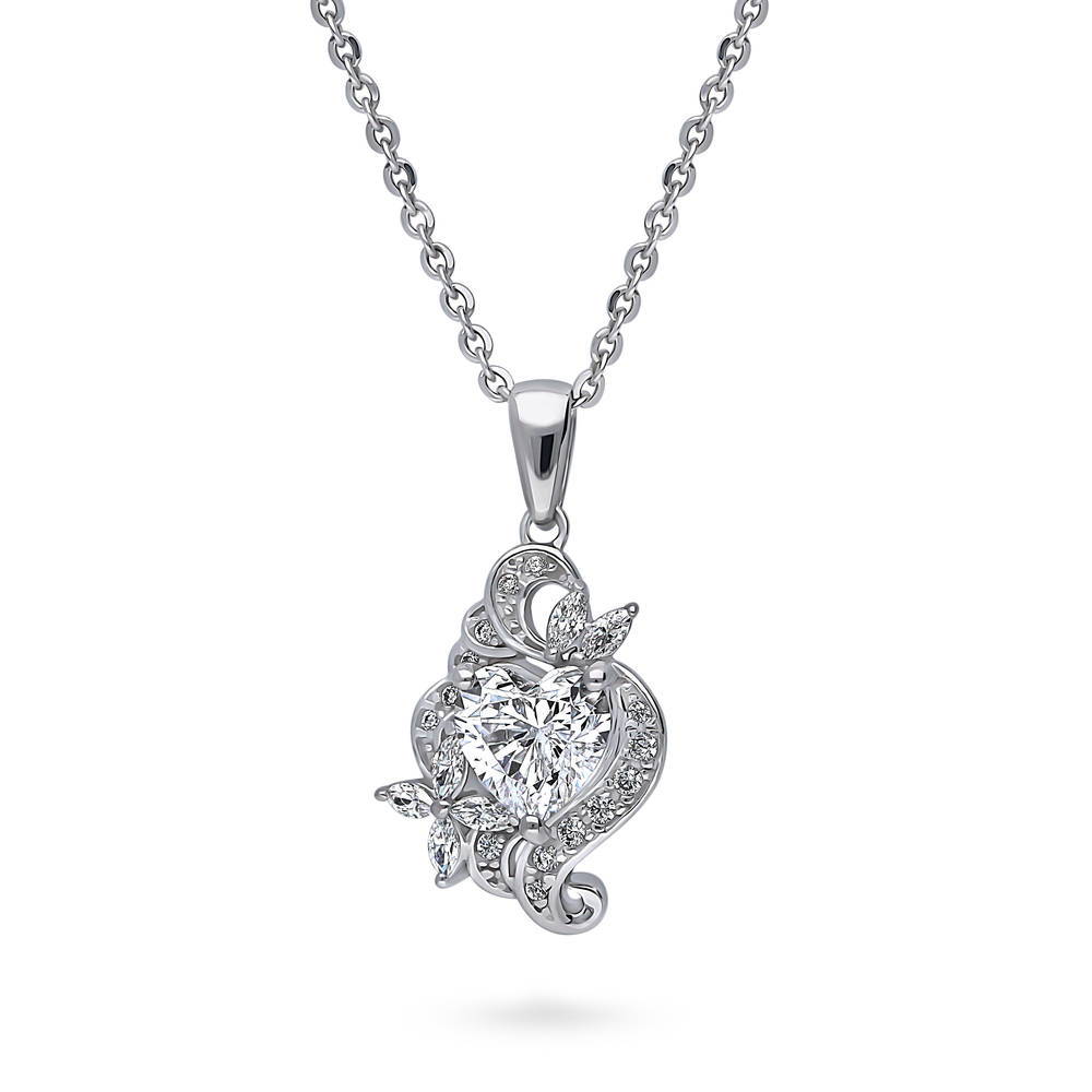 Front view of Heart Flower CZ Pendant Necklace in Sterling Silver