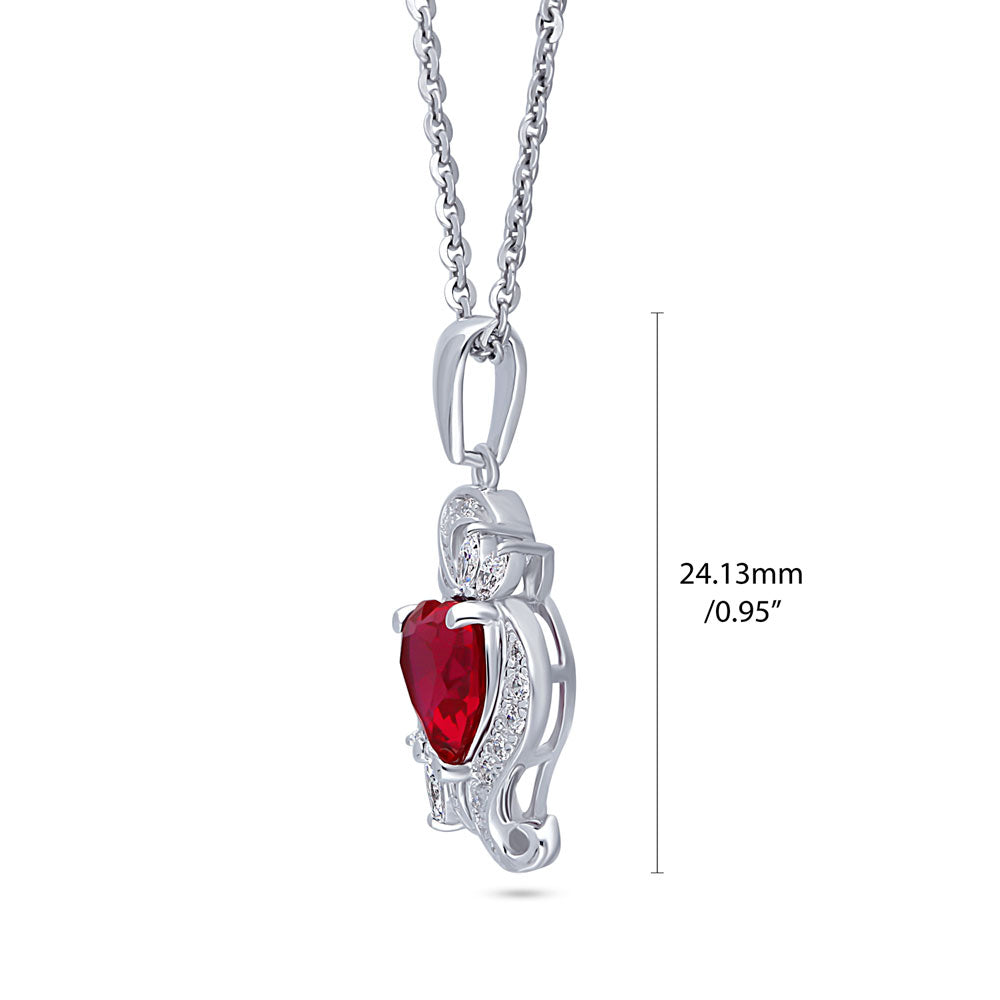 Front view of Flower Heart Simulated Ruby CZ Set in Sterling Silver