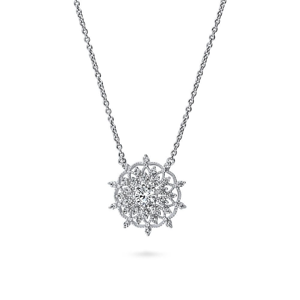 Front view of Flower CZ Pendant Necklace in Sterling Silver
