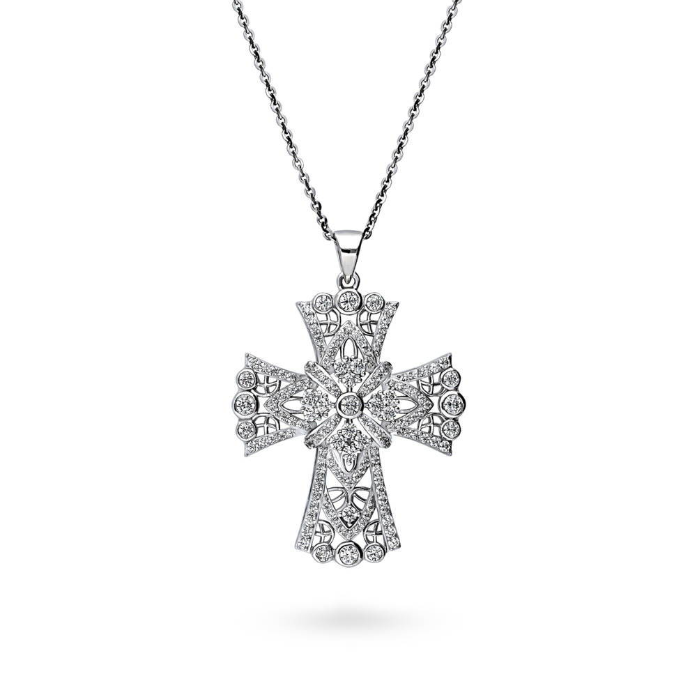 Cross CZ Statement Pendant Necklace in Sterling Silver