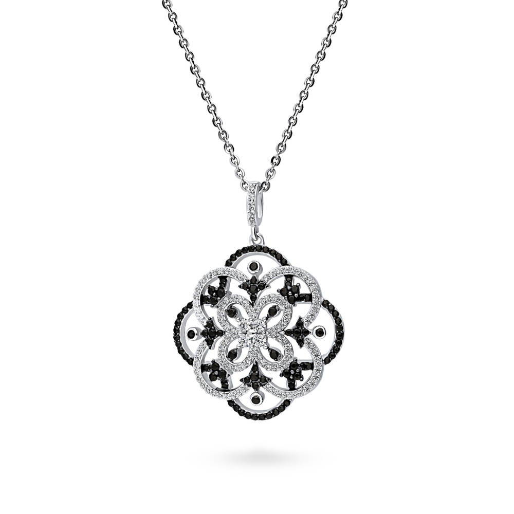 Front view of Flower Black and White CZ Statement Pendant Necklace in Sterling Silver