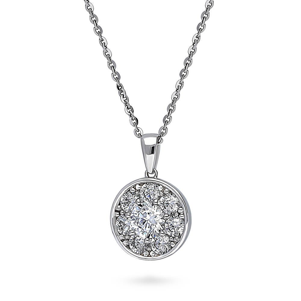 Front view of Flower Halo CZ Pendant Necklace in Sterling Silver, 4 of 7