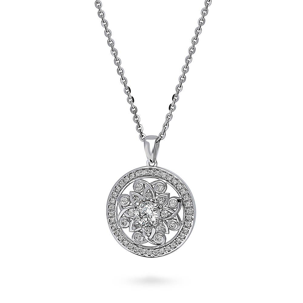 Flower Medallion CZ Pendant Necklace in Sterling Silver