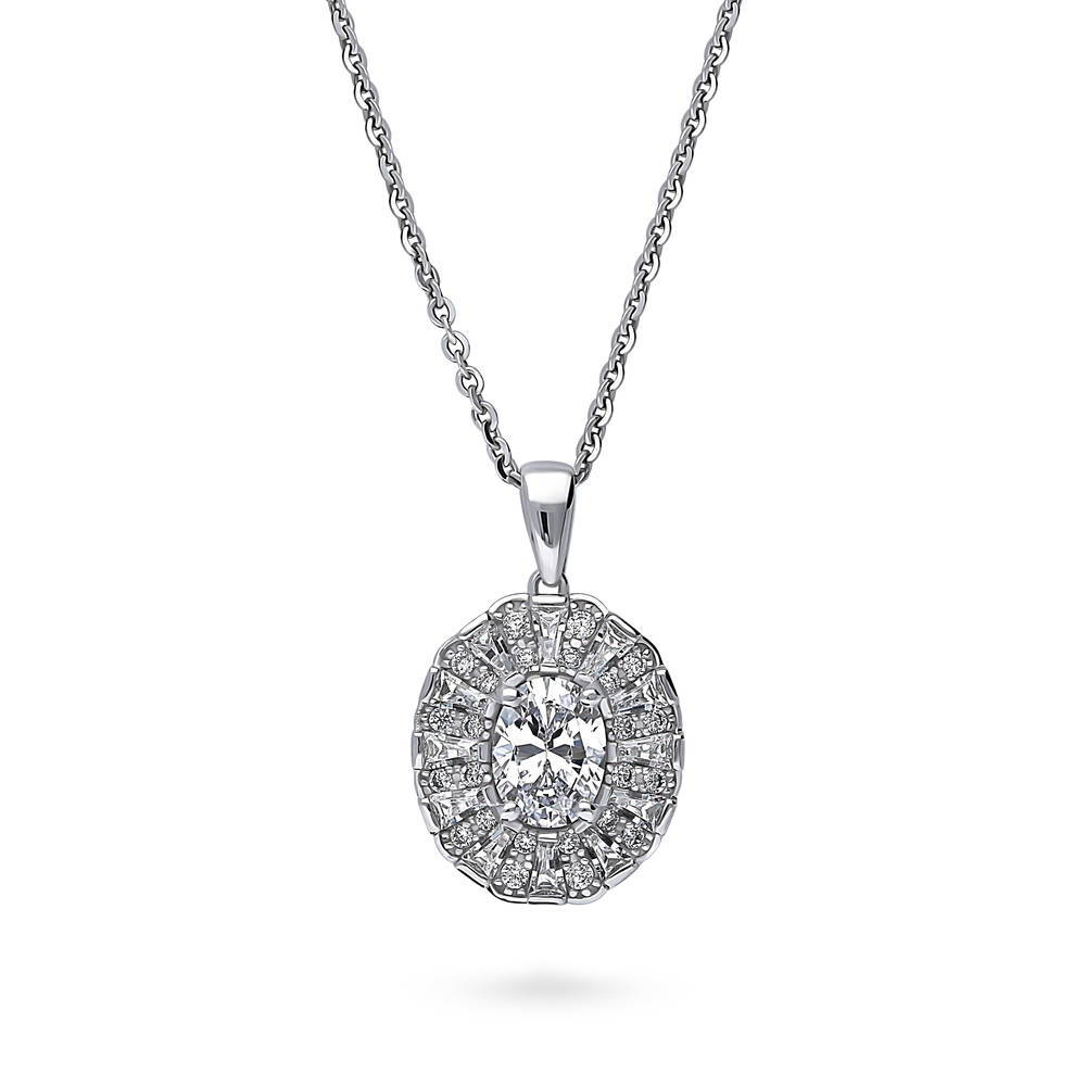 Halo Art Deco Oval CZ Pendant Necklace in Sterling Silver