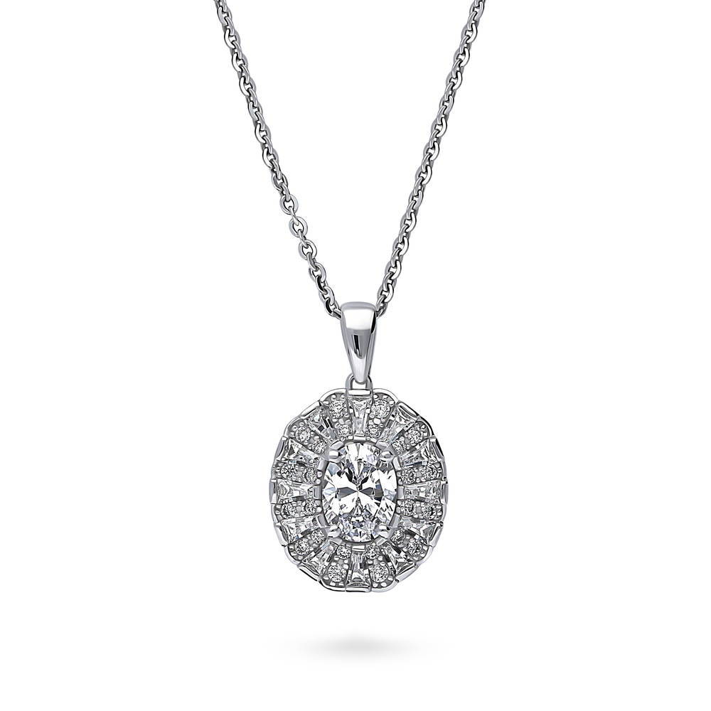 Halo Art Deco Oval CZ Pendant Necklace in Sterling Silver, 1 of 7