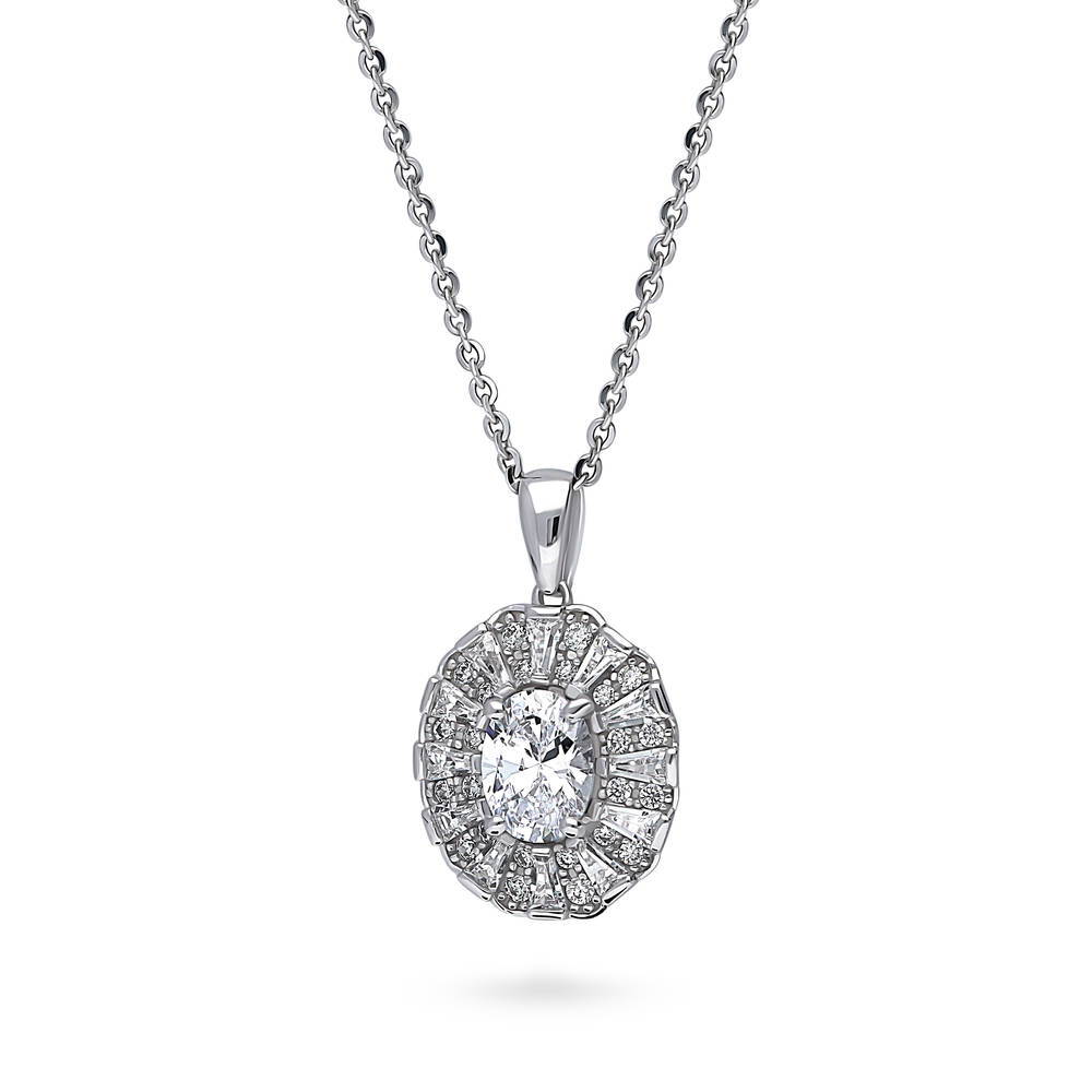 Front view of Halo Art Deco Oval CZ Pendant Necklace in Sterling Silver, 4 of 7