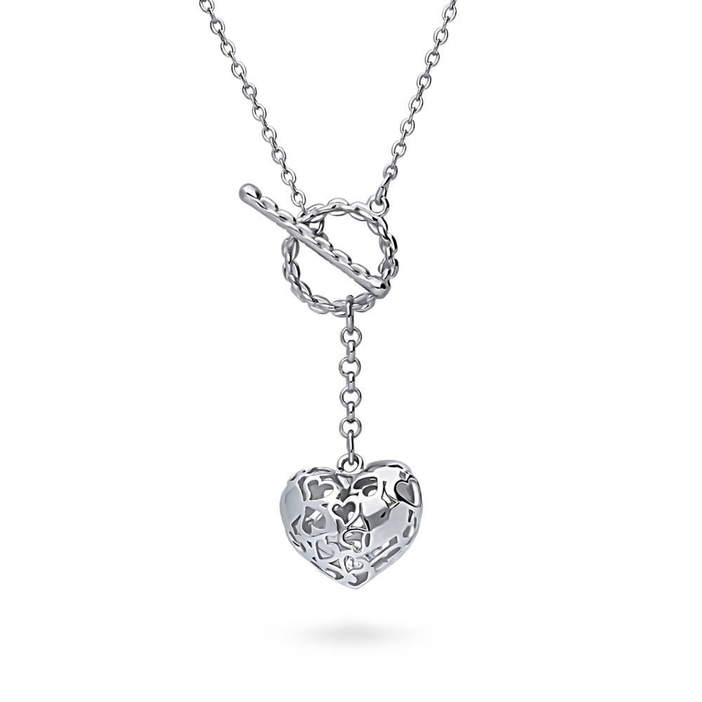 Front view of Heart Open Circle CZ Toggle Lariat Necklace