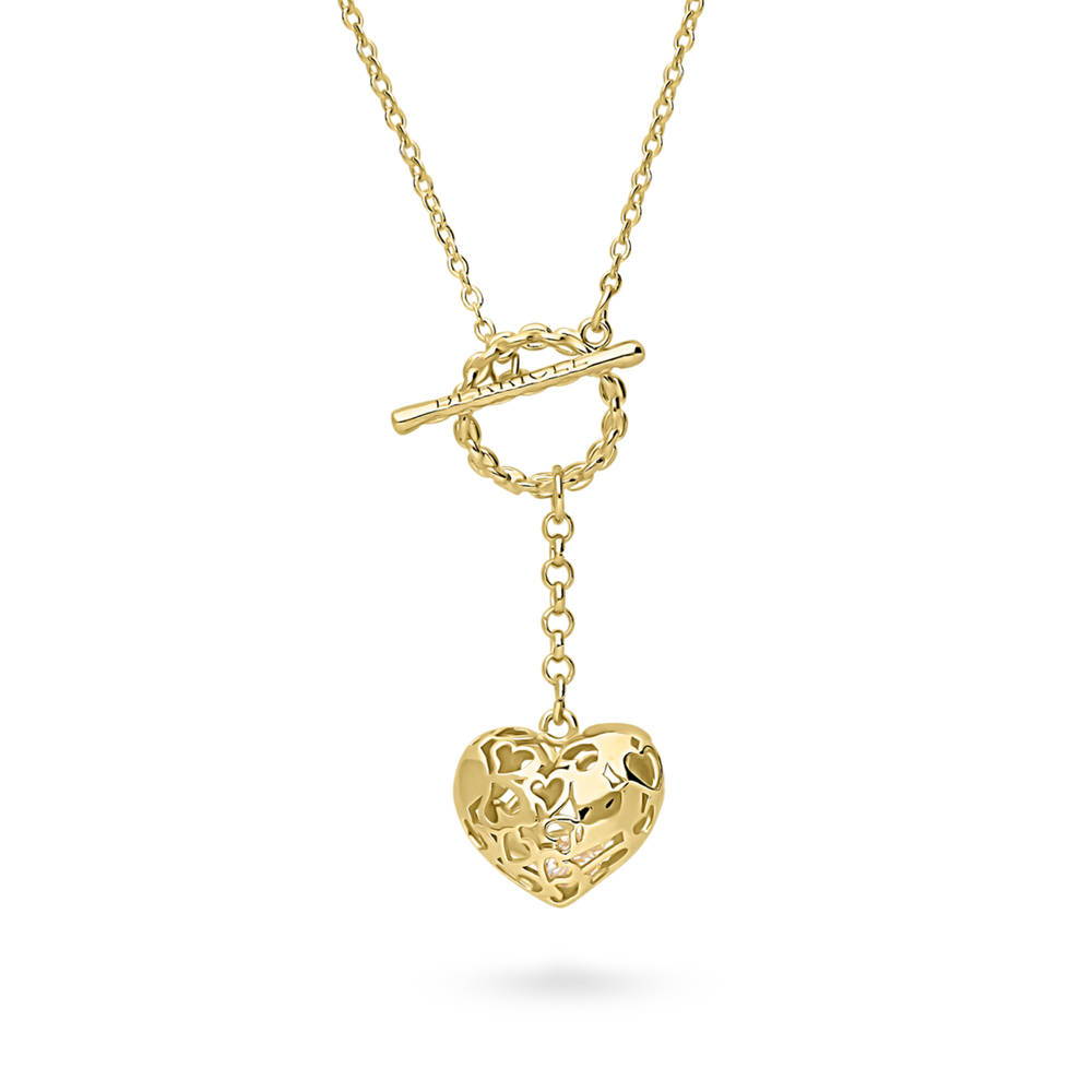 Front view of Heart Open Circle CZ Toggle Lariat Necklace
