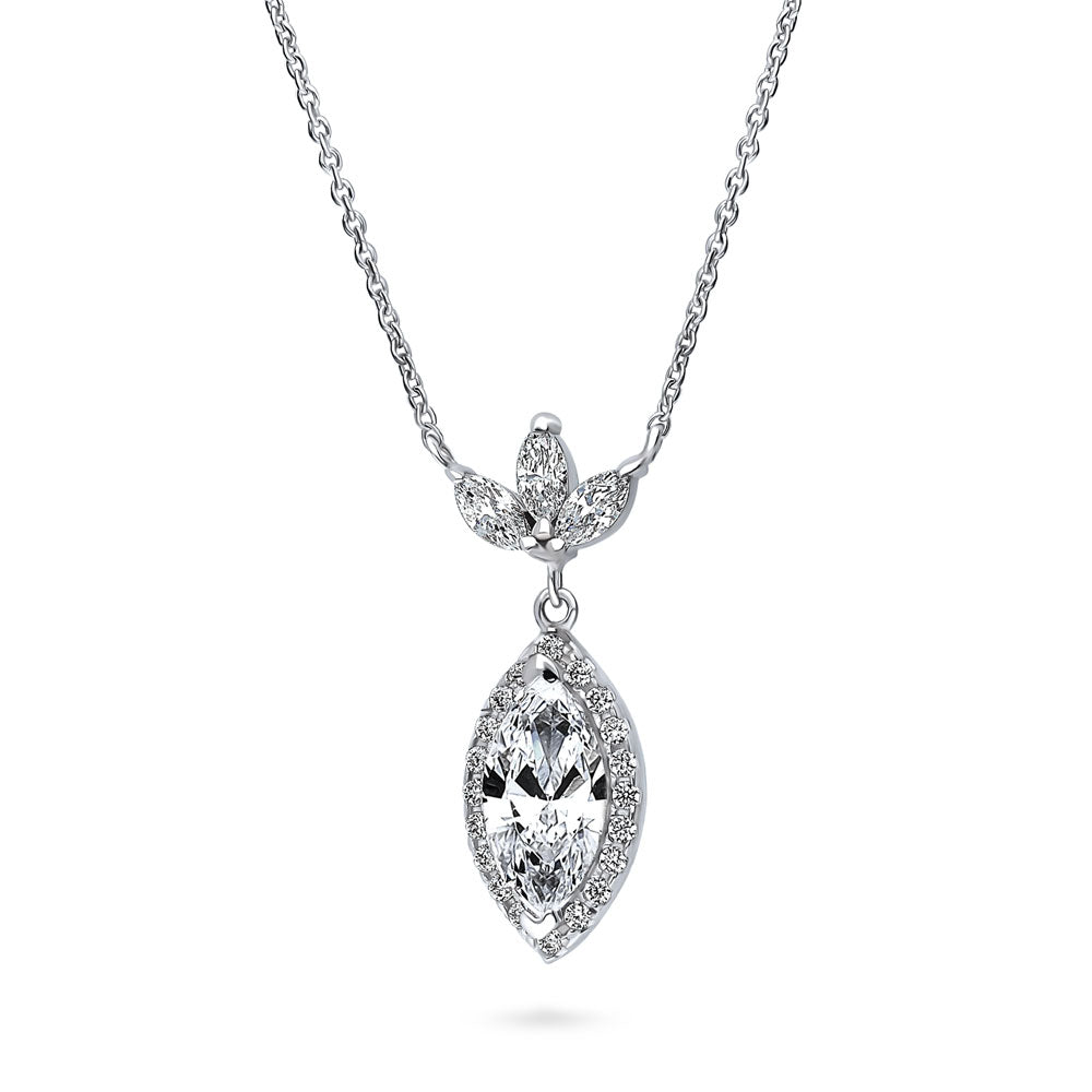 Front view of Halo Flower Marquise CZ Pendant Necklace in Sterling Silver