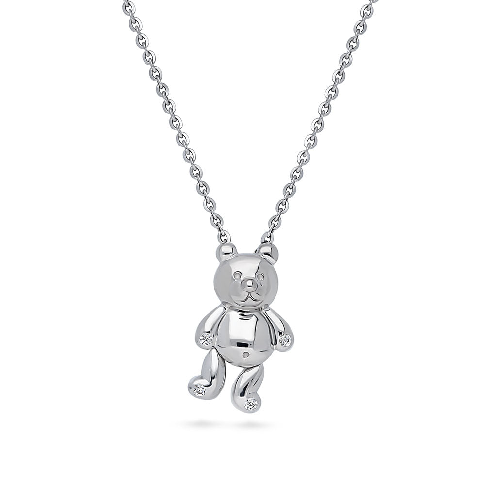 Front view of Bear CZ Pendant Necklace in Sterling Silver