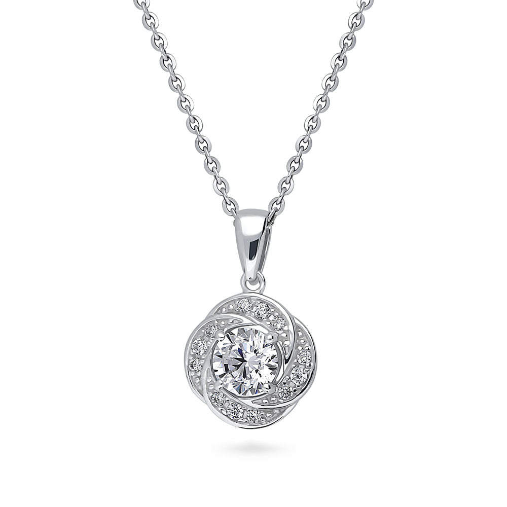 Front view of Flower Woven CZ Pendant Necklace in Sterling Silver, 3 of 8