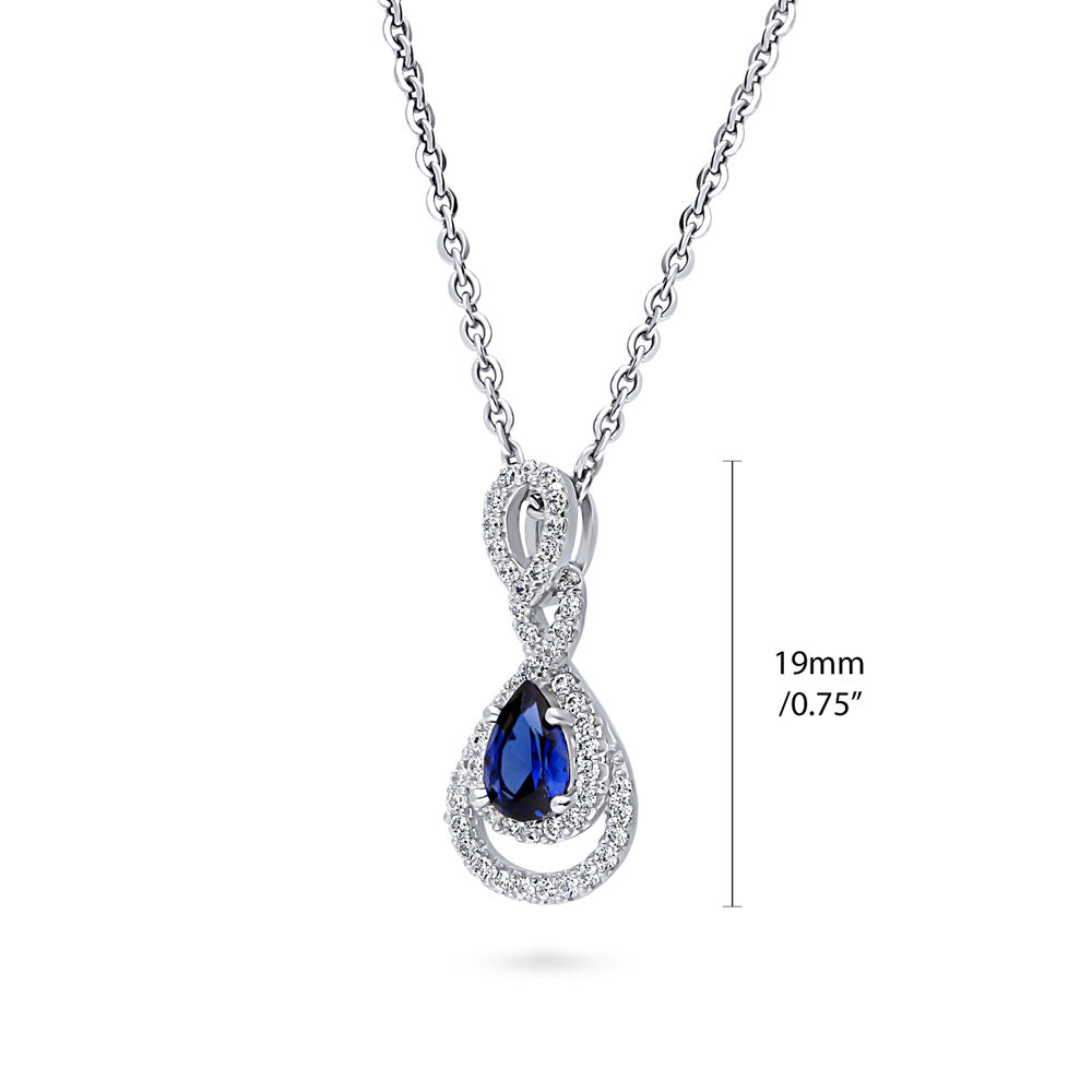 Front view of Teardrop Simulated Blue Sapphire CZ Pendant Necklace in Sterling Silver, 3 of 8
