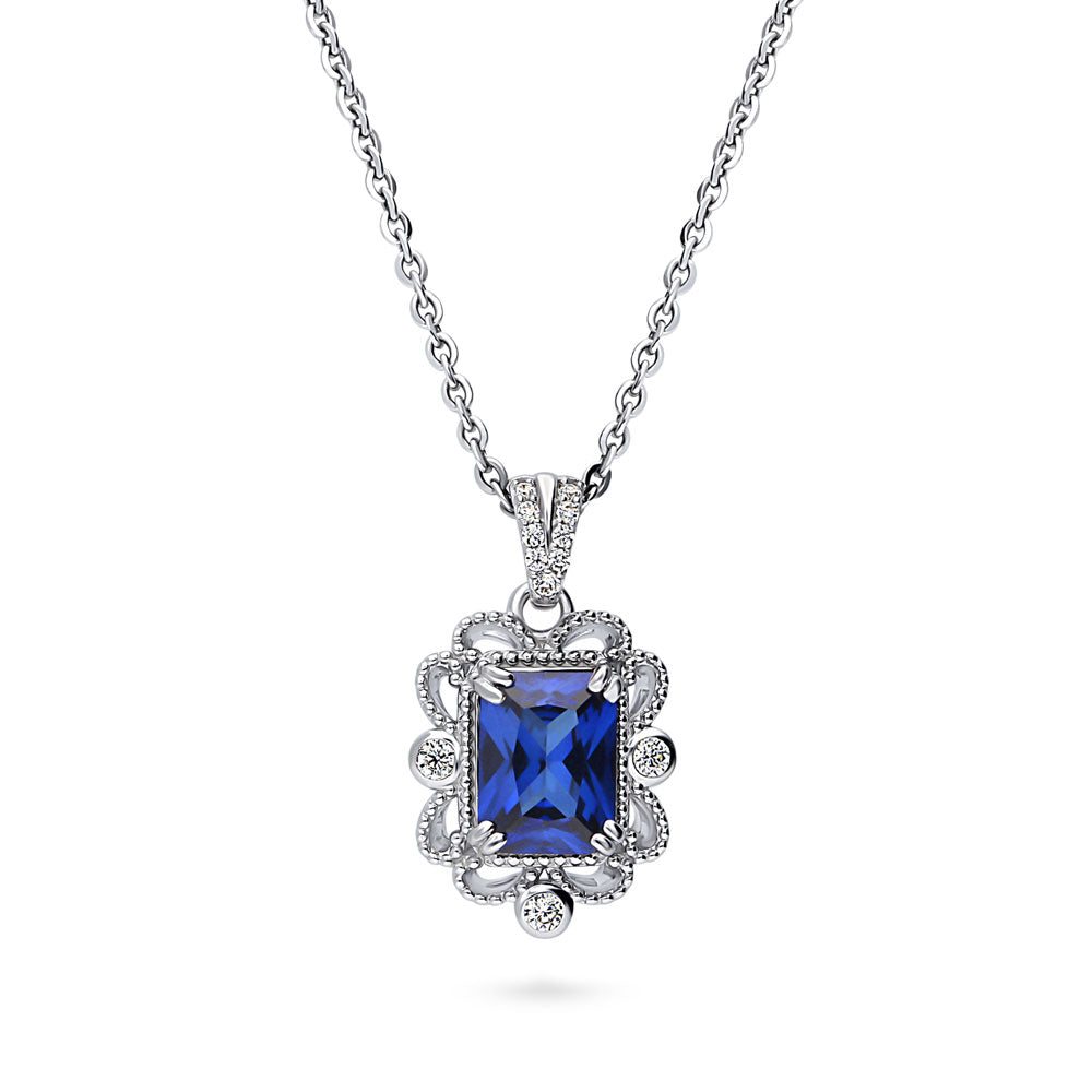 Milgrain Simulated Blue Sapphire CZ Pendant Necklace in Sterling Silver