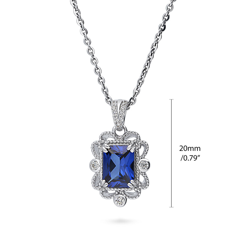Front view of Milgrain Simulated Blue Sapphire CZ Pendant Necklace in Sterling Silver