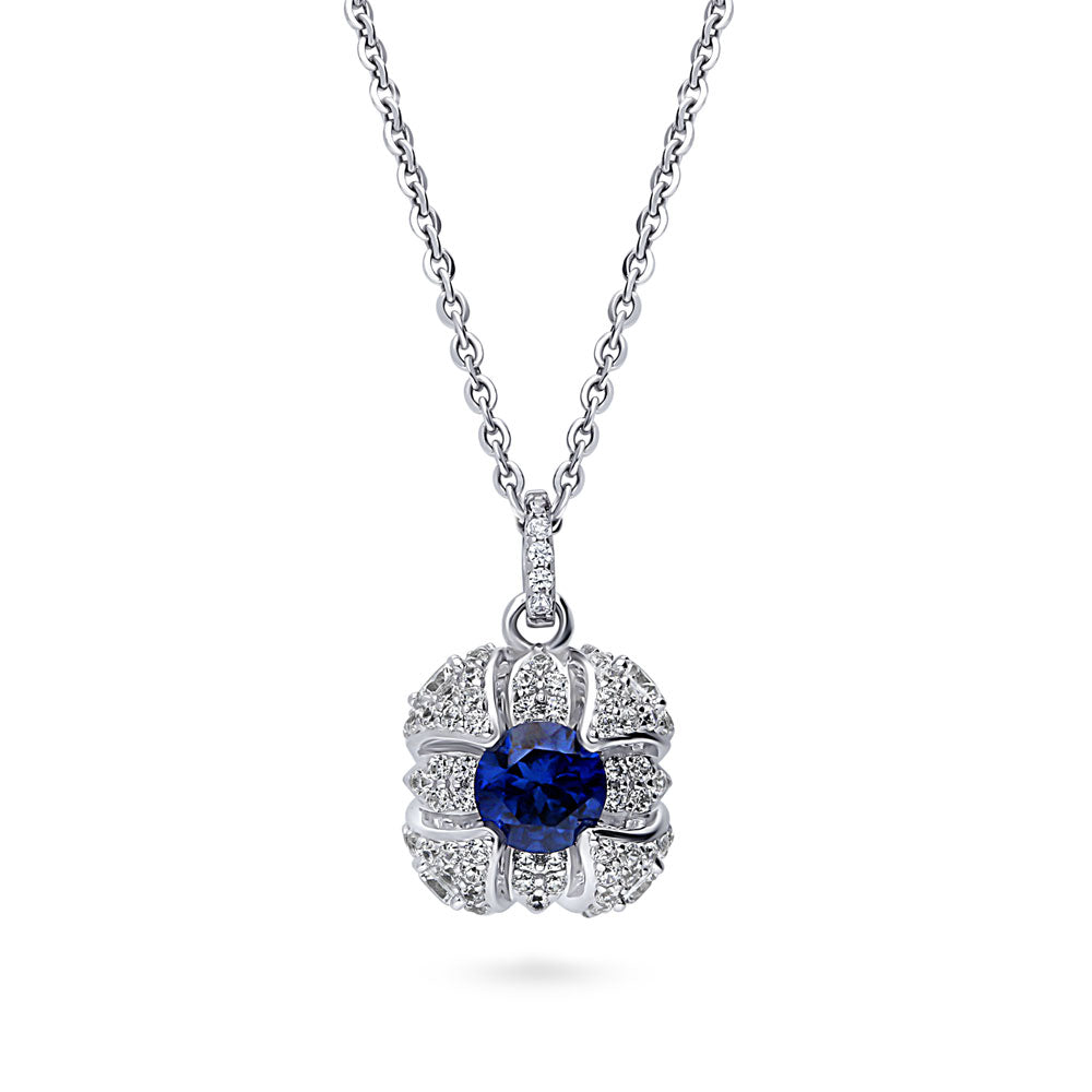 Square Simulated Blue Sapphire CZ Pendant Necklace in Sterling Silver